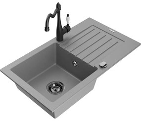 Mexen Pablo, 1-komorový granitový drez 752x436x161 mm a drezová batéria Carla, šedá, 6510-71-670700-70-B