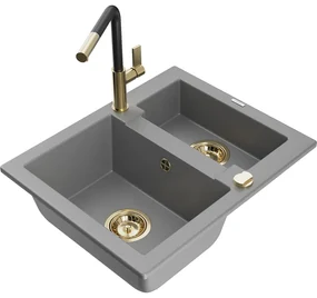 Mexen Carlos, 1,5-komorový granitový drez 582x475x177 mm a drezová batéria Flora, šedá, 6518-71-670401-57-G