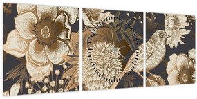 Obraz zlatých kvetov na tmavom pozadí (s hodinami) (90x30 cm)