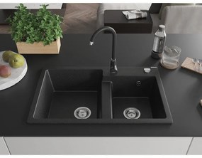 Mexen Tomas, granitový drez 800x500x190 mm, 2-komorový a čierna batéria Telma, čierna-strieborná metalíza, 6516-73-670200-70
