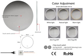 Erga Sofia, okrúhle LED zrkadlo 60cm, 1380 lm, 3 farby svetla, ERG-V01-207-6060