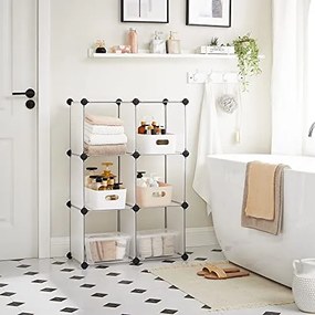 Plastový regál, zásuvný, 6 priehradiek, biela farba,93x93x31cm