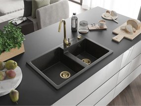Mexen Tomas, granitový drez 800x500x190 mm, 2-komorový, čierna-zlatá metalíza so zlatým sifónom, 6516802000-75-G