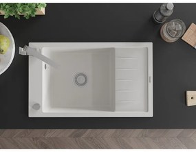 Mexen Elias, granitový drez granitový 795x480x200 mm, 1-komorový, biela s chrómovým sifónom a chrómová drezová batéria Rita, 6511-20-670300-00