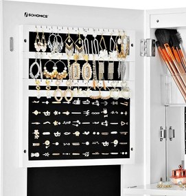 Extra široká zrkadlová skrinka na šperky s vešiakmi a vstavaným zrkadlom, biela