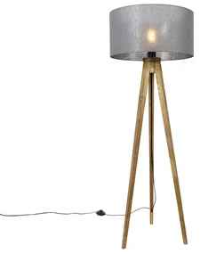 Rustikálny trojnohý stojan vintage drevo s tmavosivým tienidlom 50 cm - Tripod Classic
