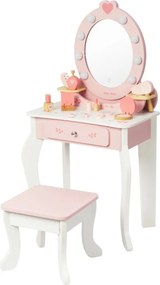 Veľká drevená toaletka ELLY pre deti s LED svetlom a taburetkou ružová