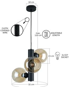 Luster na lanku TUBE 3xE27/60W/230V čierna/dymová béžová