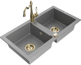 Mexen Mario, granitový drez 820x436x161 mm, 2-komorový a drezová batéria Carla, šedá, 6504-71-670700-50