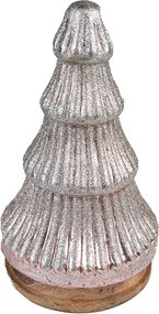 Strieborný dekoračný sklenený stromček na drevenom podstavci - Ø 13*24 cm