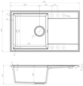 Sink Quality Sink55, kuchynský granitový drez 780x460x215 mm + chrómový sifón, čierna so zlatými bodmi, SKQ-SINK.L.1KDOL.X