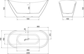 Mexen Lotos, voľne stojaca vaňa 160 x 75 cm, biela/čierna, čierny matný prepad, 52051607775-70