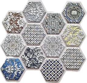 Samolepiace PVC 3D panely 543, rozmer 30 x 30 cm, 3D hexagony s ornamentami modro-hnedé, IMPOL TRADE