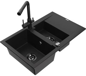 Mexen Gaspar, granitový drez 737x475x177 mm, 1,5-komorový, čierna batéria Duero, čierna, 6507-77-671600-70-B