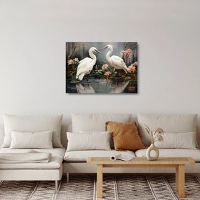 Sklenený obraz - Žeriavy biely (70x50 cm)