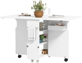 HOMCOM Skladací Stôl s Odklápacími Kranmi, Úložným Boxom a Kolieskami, Skladací Stôl v MDF, 130x80x76,5 cm, Biely | Aosom