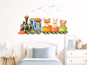 Farebný vláčik so zvieratkami textilní prelepiteľná nálepka na stenu hárok 46 x 17 cm