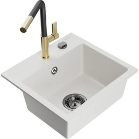 Mexen Milo, 1-komorový granitový drez 435x410x171 mm a drezová batéria Flora, biela, 6505-20-670401-57-B