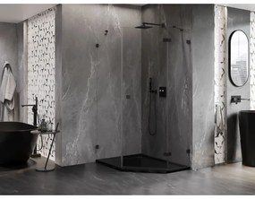 Mexen Lunar, päťuholníkový sprchový kút s pravým sklonom 80 x 100 cm, 8mm číre sklo, čierny profil, 831-080P-100L-70-00-P