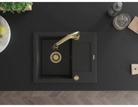 Mexen Enzo, 1-komorový granitový drez 576x465x174 mm a drezová batéria Elia, čierna-strieborná metalíza, 6506-73-670101-50