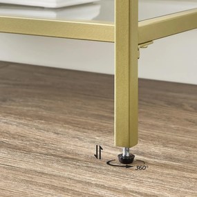 Sklenený konzolový stolík s 3 policami, kovový rám, zlatá farba