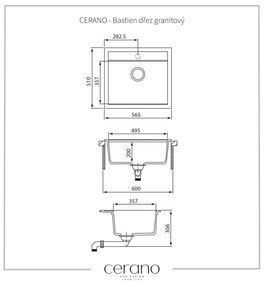 Cerano Bastien, 1-komorový granitový drez 565x510x200 mm, čierna metalická, CER-LIVSQQ100-B