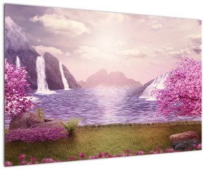 Obraz ružových stromov s jazerom (90x60 cm)