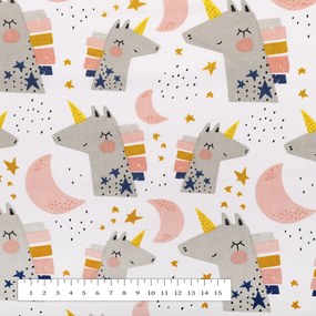 Biante Detský bavlnený behúň na stôl Sandra SA-562 Spiace jednorožce medzi hviezdičkami na bielom 45x140 cm