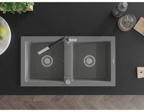 Mexen Mario, 2-komorový granitový drez 820x436x161 mm a drezová batéria Flora, šedá, 6504-71-670401-07