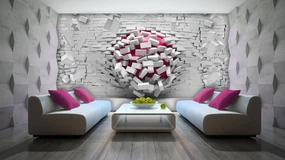Fototapeta - 3D loptu a biela tehlová stena (152,5x104 cm)