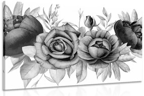 Obraz okúzľujúca kombinácia kvetov a listov v čiernobielom prevedení - 90x60