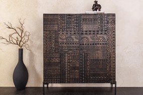 Vysoká komoda TRIBAL 120cm 3D antický vzhľad mangové drevo tmavohnedá