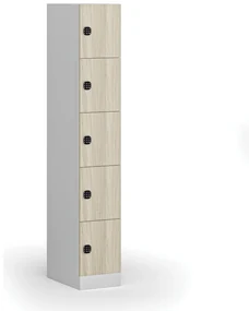Šatníková skrinka s úložnými boxmi, 5 boxov, 1850 x 300 x 500 mm, kódový zámok, laminované dvere, dub prírodný