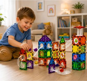 LEAN Toys Magnetické stavebné kocky – dráha pre guličky STEM s motívom dinosaurov, 92 dielov