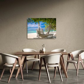 Sklenený obraz - Hojdacia sieť na pláži (70x50 cm)
