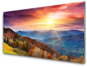 Skleneny obraz Hora les slnko krajina 100x50 cm