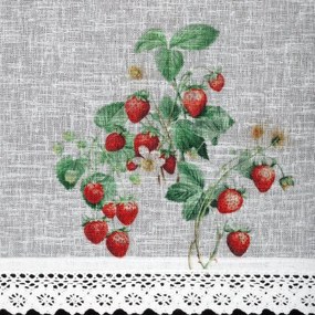 Dekorstudio Kuchynská záclonka KSENIA zdobená jahodovou potlačou a čipkou 150 x 30 cm