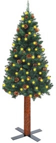 Úzky vianočný stromček s LED, drevom a šiškami zelený 210 cm 3077761