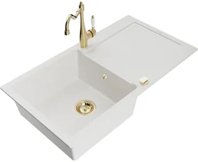 Mexen Leo, granitový drez 900x500x190 mm, 1-komorový a drezová batéria Carla, biela, 6501-20-670700-50