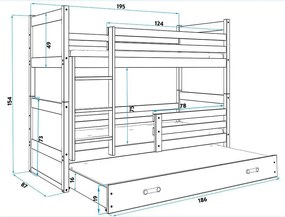 Poschodová posteľ s prístelkou RICO 3 - 190x80cm - Grafitový - Modrý