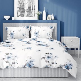 Posteľná bielizeň z bavlneného saténu s krásnym vzorom modrých kvetov 3 časti: 1ks 160x200 + 2ks 70x80 Biela