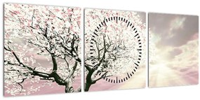 Ružový obraz stromu (s hodinami) (90x30 cm)
