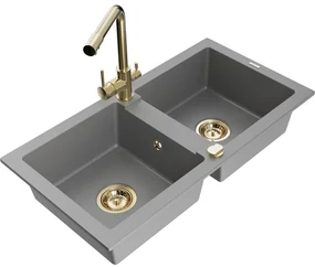 Mexen Mario, 2-komorový granitový drez 820x436x161 mm a chrómová drezová batéria Duero, šedá, 6504-71-671600-50
