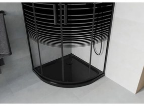 Mexen Rio, štvrťkruhový sprchovací kút s posuvnými dverami 80(dvere) x 80(dvere) x 190 cm, 6mm číre sklo s pásikmi, čierny profil + čierna sprchová vanička SLIM, 863-080-080-70-20-4170B