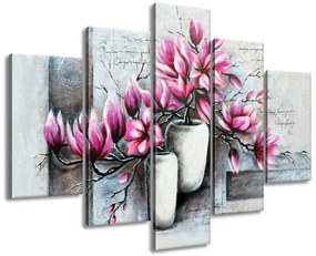 Gario Ručne maľovaný obraz Ružové magnólie vo váze - 5 dielny Rozmery: 100 x 70 cm