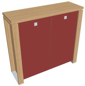 Stredná skriňa Verno+ 140 x 46 x 130 cm, sklenené dvere, dub svetlý / červená