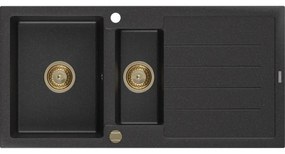 Mexen Andres, granitový drez 1000x500x200 mm, 1,5-komorový, čierna-strieborná metalíza so zlatým sifónom, 6515101510-73-G
