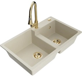 Mexen Tomas, 2-komorový granitový drez 800x500x190 mm a drezová batéria Elia, béžová, 6516-69-670101-50