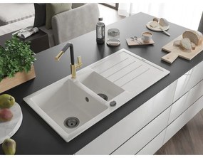 Mexen Andres, 1,5-komorový granitový drez 1000x500x200 mm a drezová batéria Flora, biela, 6515-20-670401-57-B