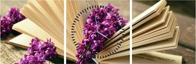 Obraz knihy a fialovej kvetiny (s hodinami) (90x30 cm)